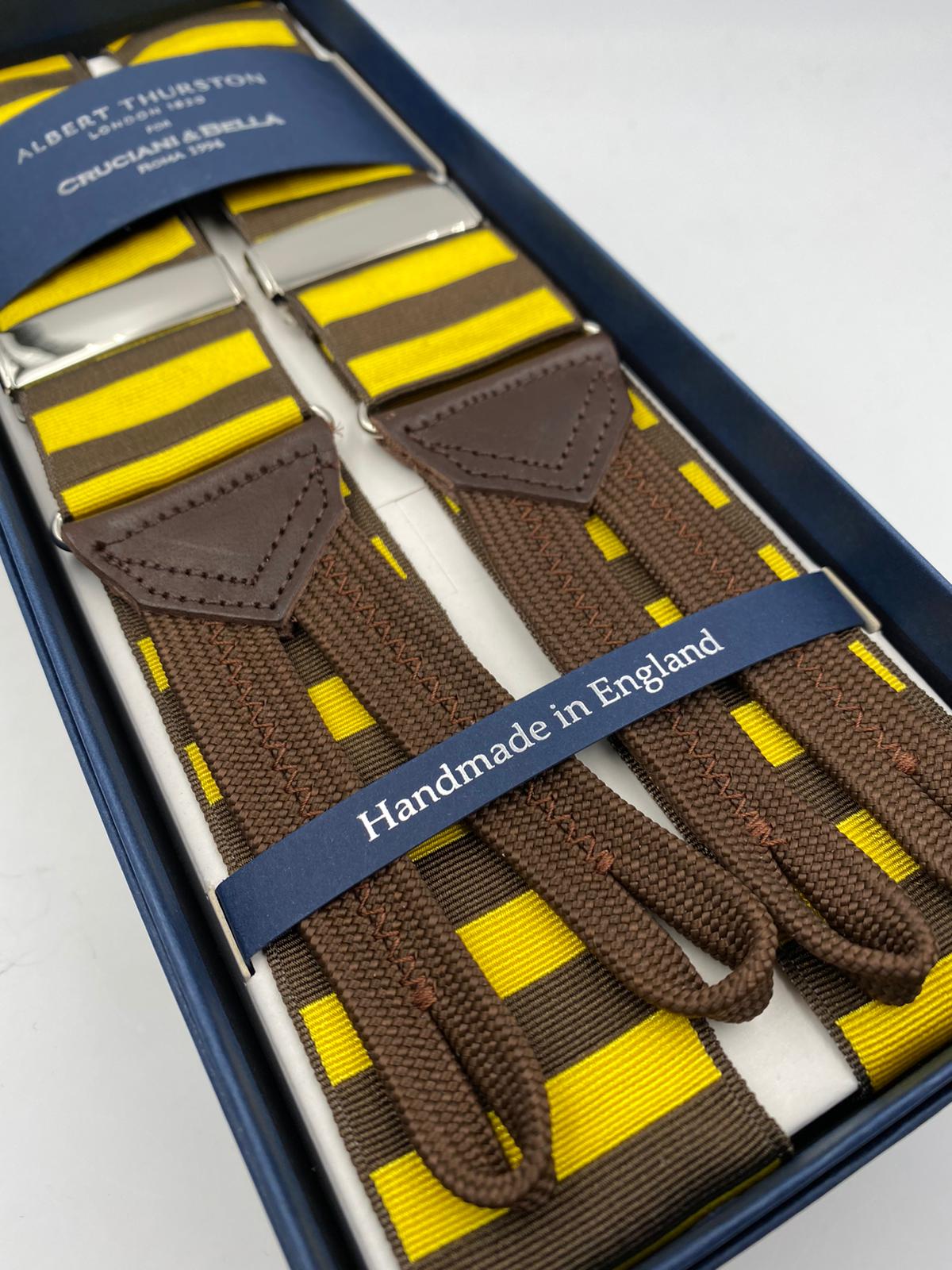 Albert Thurston for Cruciani & Bella Made in England Adjustable Sizing 40 mm Woven Barathea  Brown and Yellow horizontal Stripes Braces Braid ends Y-Shaped Nickel Fittings Size: XL #4989