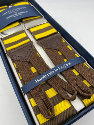 Albert Thurston for Cruciani & Bella Made in England Adjustable Sizing 40 mm Woven Barathea  Brown and Yellow horizontal Stripes Braces Braid ends Y-Shaped Nickel Fittings Size: XL #4989