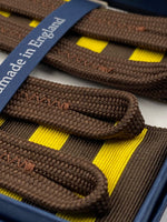 Albert Thurston for Cruciani & Bella Made in England Adjustable Sizing 40 mm Woven Barathea  Brown and Yellow horizontal Stripes Braces Braid ends Y-Shaped Nickel Fittings Size: XL #4989