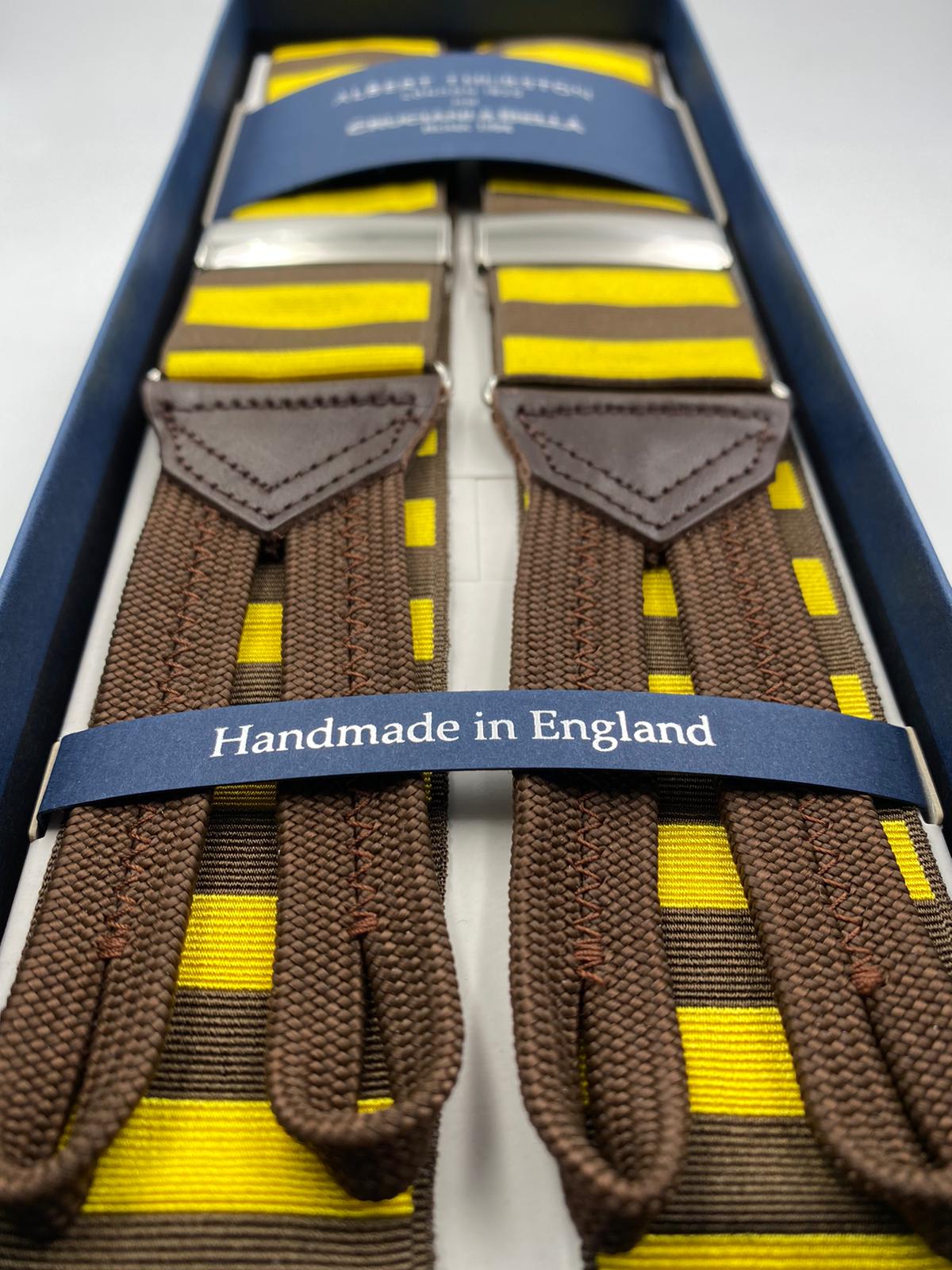 Albert Thurston for Cruciani & Bella Made in England Adjustable Sizing 40 mm Woven Barathea  Brown and Yellow horizontal Stripes Braces Braid ends Y-Shaped Nickel Fittings Size: XL #4989