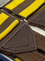 Albert Thurston for Cruciani & Bella Made in England Adjustable Sizing 40 mm Woven Barathea  Brown and Yellow horizontal Stripes Braces Braid ends Y-Shaped Nickel Fittings Size: XL #4989