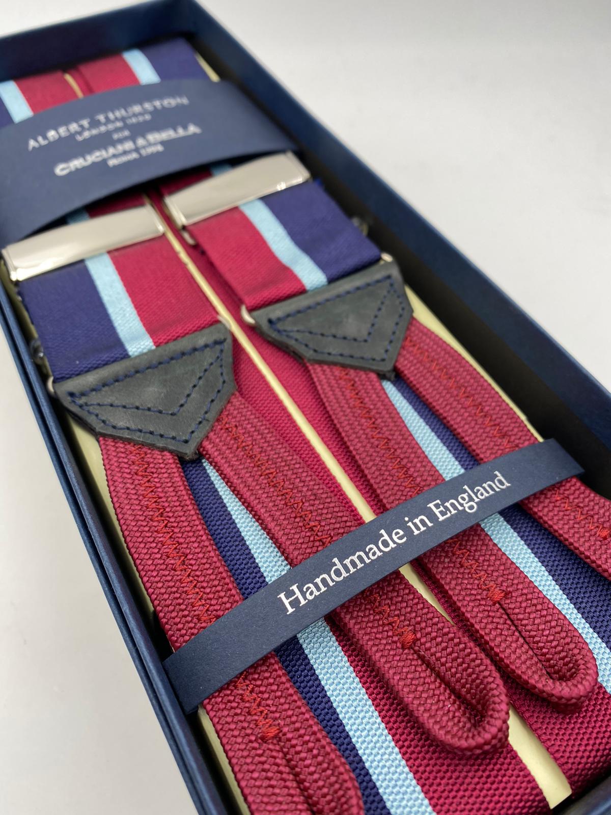 Albert Thurston for Cruciani & Bella Made in England Adjustable Sizing 40 mm Woven Barathea  Blue, Sky Blue and Red Stripes Braces Braid ends Y-Shaped Nickel Fittings Size: L #2366