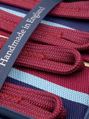 Albert Thurston for Cruciani & Bella Made in England Adjustable Sizing 40 mm Woven Barathea  Blue, Sky Blue and Red Stripes Braces Braid ends Y-Shaped Nickel Fittings Size: L #2366