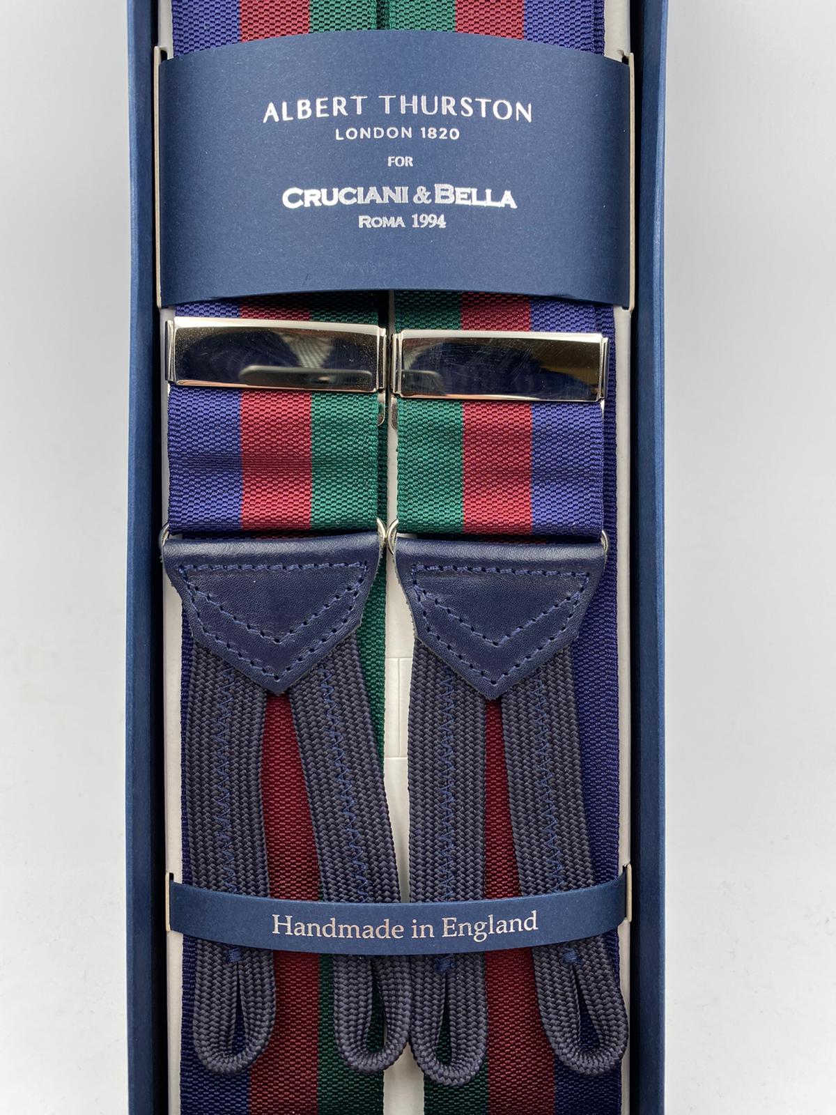 Albert Thurston for Cruciani & Bella Made in England Adjustable Sizing 40 mm Woven Barathea  Blue, Bourgundy and Green Stripes Braces Braid ends Y-Shaped Nickel Fittings Size: XL #5000