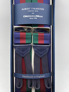 Albert Thurston for Cruciani & Bella Made in England Adjustable Sizing 40 mm Woven Barathea  Blue, Bourgundy and Green Stripes Braces Braid ends Y-Shaped Nickel Fittings Size: XL #5000