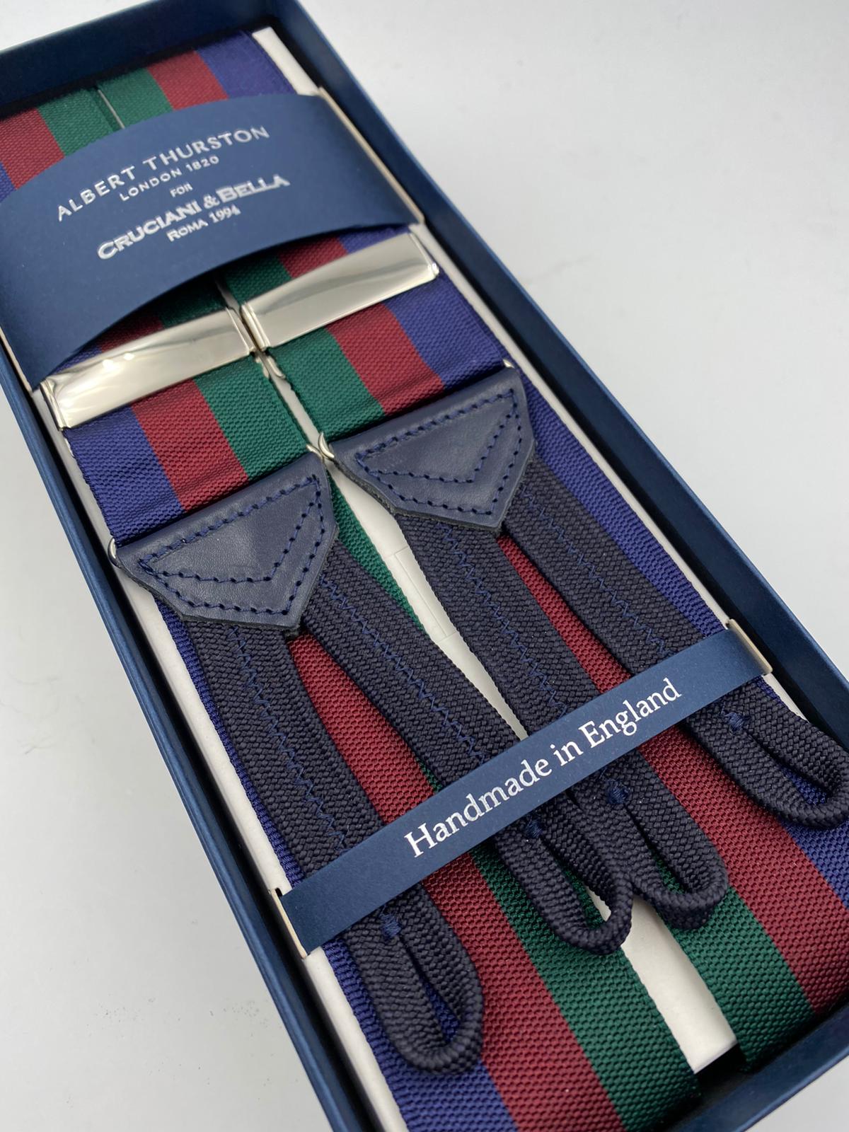 Albert Thurston for Cruciani & Bella Made in England Adjustable Sizing 40 mm Woven Barathea  Blue, Bourgundy and Green Stripes Braces Braid ends Y-Shaped Nickel Fittings Size: XL #5000