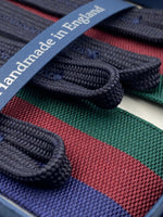 Albert Thurston for Cruciani & Bella Made in England Adjustable Sizing 40 mm Woven Barathea  Blue, Bourgundy and Green Stripes Braces Braid ends Y-Shaped Nickel Fittings Size: XL #5000
