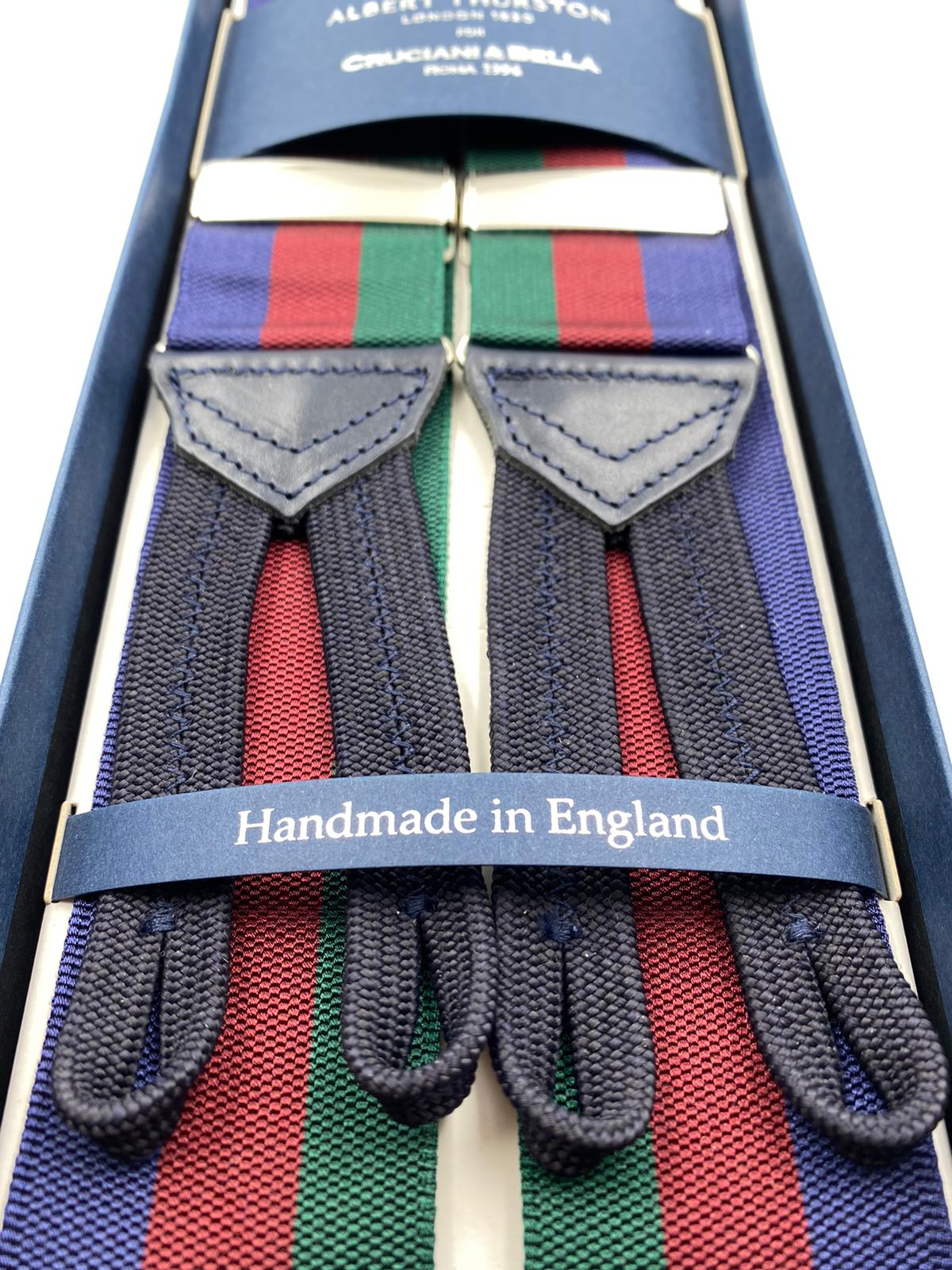Albert Thurston for Cruciani & Bella Made in England Adjustable Sizing 40 mm Woven Barathea  Blue, Bourgundy and Green Stripes Braces Braid ends Y-Shaped Nickel Fittings Size: XL #5000