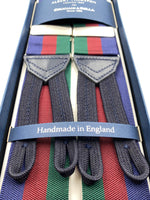 Albert Thurston for Cruciani & Bella Made in England Adjustable Sizing 40 mm Woven Barathea  Blue, Bourgundy and Green Stripes Braces Braid ends Y-Shaped Nickel Fittings Size: XL #5000
