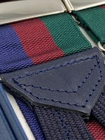 Albert Thurston for Cruciani & Bella Made in England Adjustable Sizing 40 mm Woven Barathea  Blue, Bourgundy and Green Stripes Braces Braid ends Y-Shaped Nickel Fittings Size: XL #5000