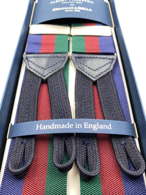 Albert Thurston for Cruciani & Bella Made in England Adjustable Sizing 40 mm Woven Barathea  Blue, Bourgundy and Green Stripes Braces Braid ends Y-Shaped Nickel Fittings Size: XL #5000