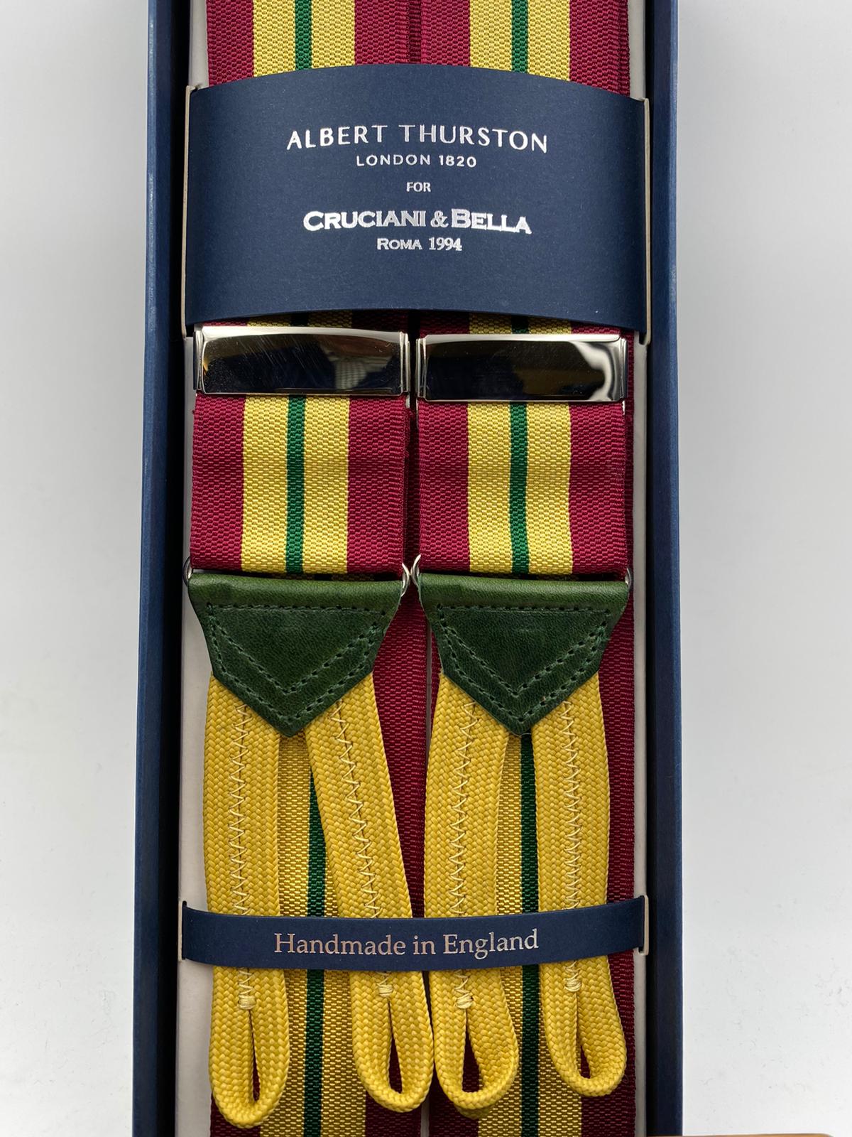 Albert Thurston for Cruciani & Bella Made in England Adjustable Sizing 40 mm Woven Barathea  Wine, Yellow and Green Stripes Braces Braid ends Y-Shaped Nickel Fittings Size: XL #4997