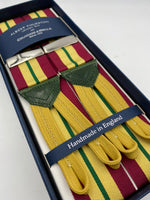 Albert Thurston for Cruciani & Bella Made in England Adjustable Sizing 40 mm Woven Barathea  Wine, Yellow and Green Stripes Braces Braid ends Y-Shaped Nickel Fittings Size: XL #4997