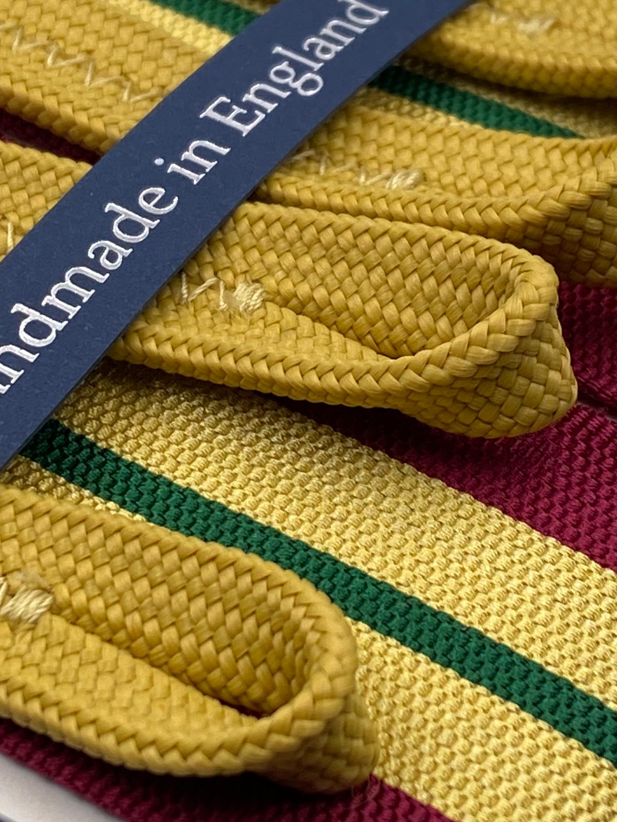 Albert Thurston for Cruciani & Bella Made in England Adjustable Sizing 40 mm Woven Barathea  Wine, Yellow and Green Stripes Braces Braid ends Y-Shaped Nickel Fittings Size: XL #4997