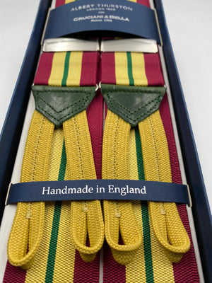 Albert Thurston for Cruciani & Bella Made in England Adjustable Sizing 40 mm Woven Barathea  Wine, Yellow and Green Stripes Braces Braid ends Y-Shaped Nickel Fittings Size: XL #4997