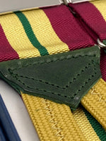 Albert Thurston for Cruciani & Bella Made in England Adjustable Sizing 40 mm Woven Barathea  Wine, Yellow and Green Stripes Braces Braid ends Y-Shaped Nickel Fittings Size: XL #4997