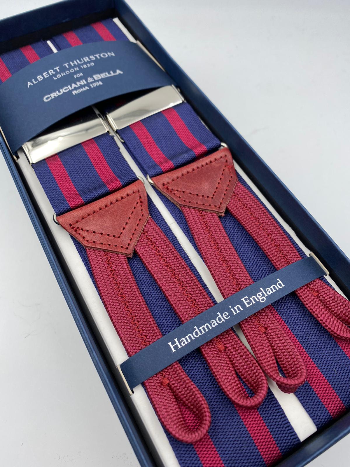 Albert Thurston for Cruciani & Bella Made in England Adjustable Sizing 40 mm Woven Barathea  Blue and Bourgundy Stripes Braces Braid ends Y-Shaped Nickel Fittings Size: XL #5002