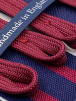 Albert Thurston for Cruciani & Bella Made in England Adjustable Sizing 40 mm Woven Barathea  Blue and Bourgundy Stripes Braces Braid ends Y-Shaped Nickel Fittings Size: XL #5002