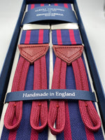 Albert Thurston for Cruciani & Bella Made in England Adjustable Sizing 40 mm Woven Barathea  Blue and Bourgundy Stripes Braces Braid ends Y-Shaped Nickel Fittings Size: XL #5002