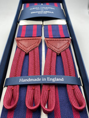 Albert Thurston for Cruciani & Bella Made in England Adjustable Sizing 40 mm Woven Barathea  Blue and Bourgundy Stripes Braces Braid ends Y-Shaped Nickel Fittings Size: XL #5002