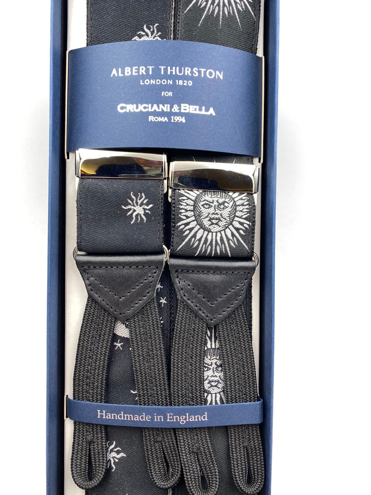 Albert Thurston for Cruciani & Bella Made in England Adjustable Sizing 40 mm Woven Barathea  Black and White Sun and Moon Braces Braid ends Y-Shaped Nickel Fittings Size: XL #4992