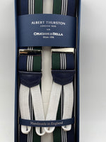 Albert Thurston for Cruciani & Bella Made in England Adjustable Sizing 35 mm elastic  braces Green, Blue and White stripes braces Braid ends Y-Shaped Nickel Fittings Size: L #4519