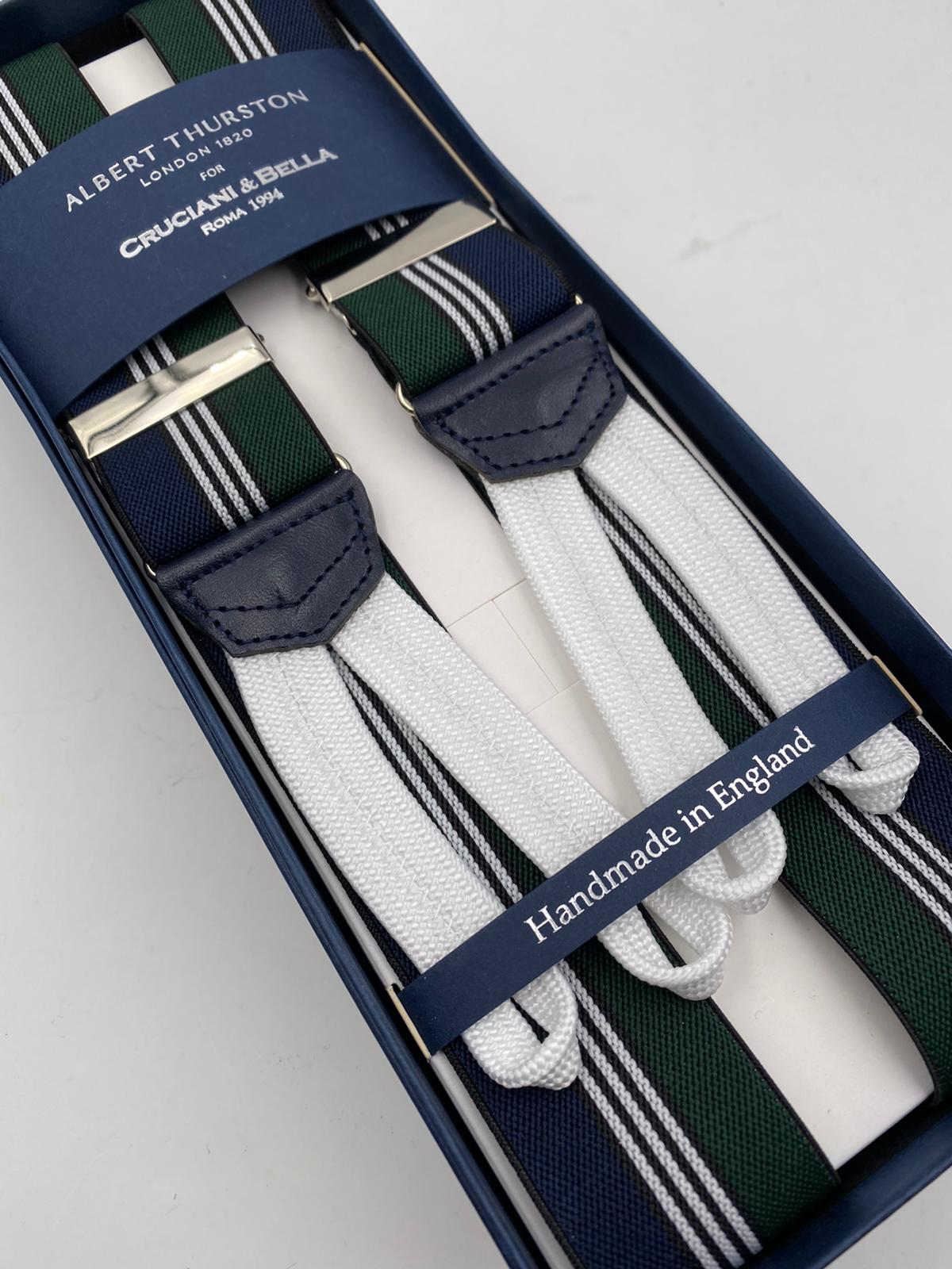 Albert Thurston for Cruciani & Bella Made in England Adjustable Sizing 35 mm elastic  braces Green, Blue and White stripes braces Braid ends Y-Shaped Nickel Fittings Size: L #4519