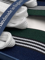 Albert Thurston for Cruciani & Bella Made in England Adjustable Sizing 35 mm elastic  braces Green, Blue and White stripes braces Braid ends Y-Shaped Nickel Fittings Size: L #4519
