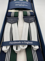 Albert Thurston for Cruciani & Bella Made in England Adjustable Sizing 35 mm elastic  braces Green, Blue and White stripes braces Braid ends Y-Shaped Nickel Fittings Size: L #4519