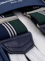 Albert Thurston for Cruciani & Bella Made in England Adjustable Sizing 35 mm elastic  braces Green, Blue and White stripes braces Braid ends Y-Shaped Nickel Fittings Size: L #4519