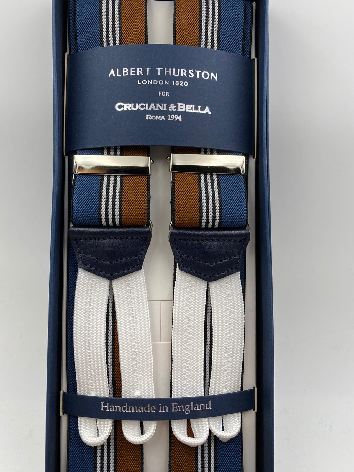 Albert Thurston for Cruciani & Bella Made in England Adjustable Sizing 35 mm elastic  braces Blue, Hazelnut and White stripes braces Braid ends Y-Shaped Nickel Fittings Size: L #4520