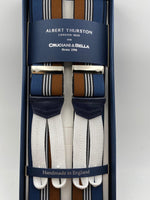 Albert Thurston for Cruciani & Bella Made in England Adjustable Sizing 35 mm elastic  braces Blue, Hazelnut and White stripes braces Braid ends Y-Shaped Nickel Fittings Size: L #4520