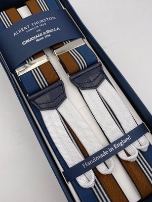 Albert Thurston for Cruciani & Bella Made in England Adjustable Sizing 35 mm elastic  braces Blue, Hazelnut and White stripes braces Braid ends Y-Shaped Nickel Fittings Size: L #4520