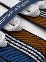 Albert Thurston for Cruciani & Bella Made in England Adjustable Sizing 35 mm elastic  braces Blue, Hazelnut and White stripes braces Braid ends Y-Shaped Nickel Fittings Size: L #4520