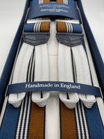 Albert Thurston for Cruciani & Bella Made in England Adjustable Sizing 35 mm elastic  braces Blue, Hazelnut and White stripes braces Braid ends Y-Shaped Nickel Fittings Size: L #4520