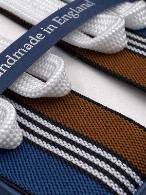 Albert Thurston for Cruciani & Bella Made in England Adjustable Sizing 35 mm elastic  braces Blue, Hazelnut and White stripes braces Braid ends Y-Shaped Nickel Fittings Size: L #4520