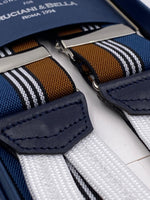 Albert Thurston for Cruciani & Bella Made in England Adjustable Sizing 35 mm elastic  braces Blue, Hazelnut and White stripes braces Braid ends Y-Shaped Nickel Fittings Size: L #4520
