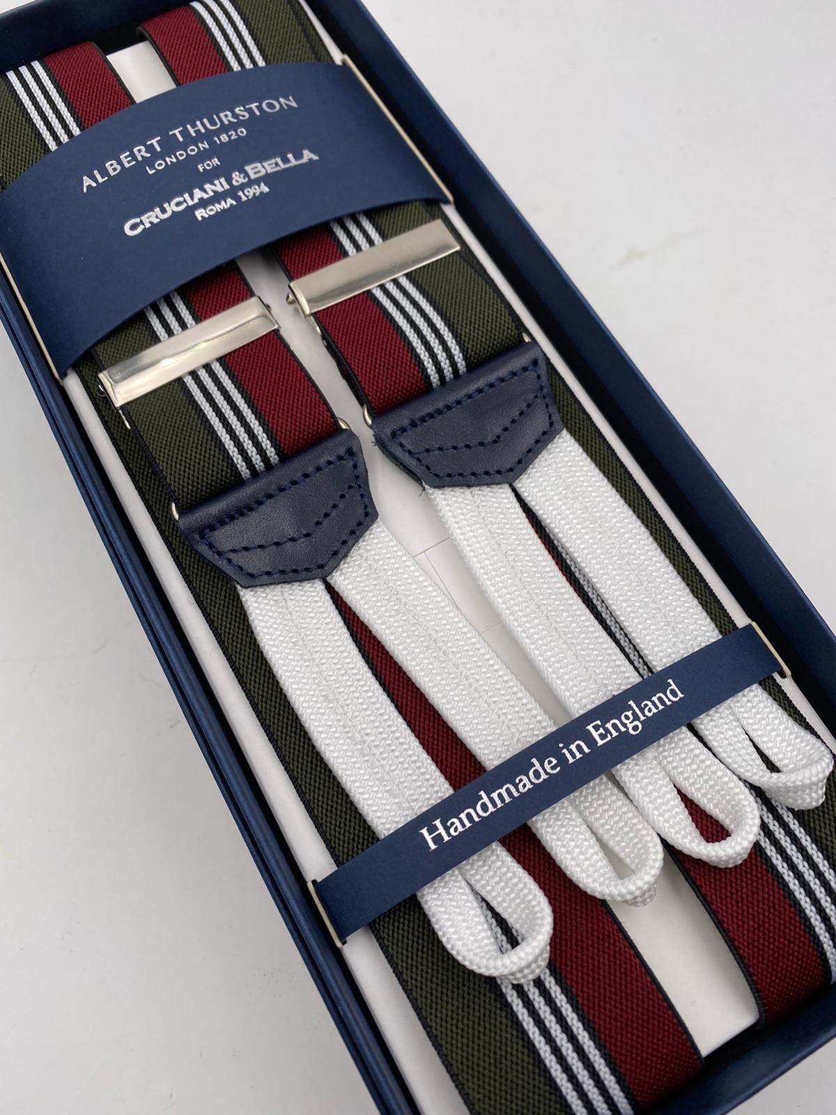 Albert Thurston for Cruciani & Bella Made in England Adjustable Sizing 35 mm elastic  braces Green, Red and White stripes braces Braid ends Y-Shaped Nickel Fittings Size: L #4521