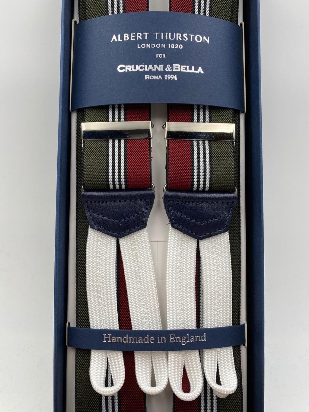 Albert Thurston for Cruciani & Bella Made in England Adjustable Sizing 35 mm elastic  braces Green, Red and White stripes braces Braid ends Y-Shaped Nickel Fittings Size: L #4521