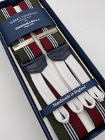 Albert Thurston for Cruciani & Bella Made in England Adjustable Sizing 35 mm elastic  braces Green, Red and White stripes braces Braid ends Y-Shaped Nickel Fittings Size: L #4521