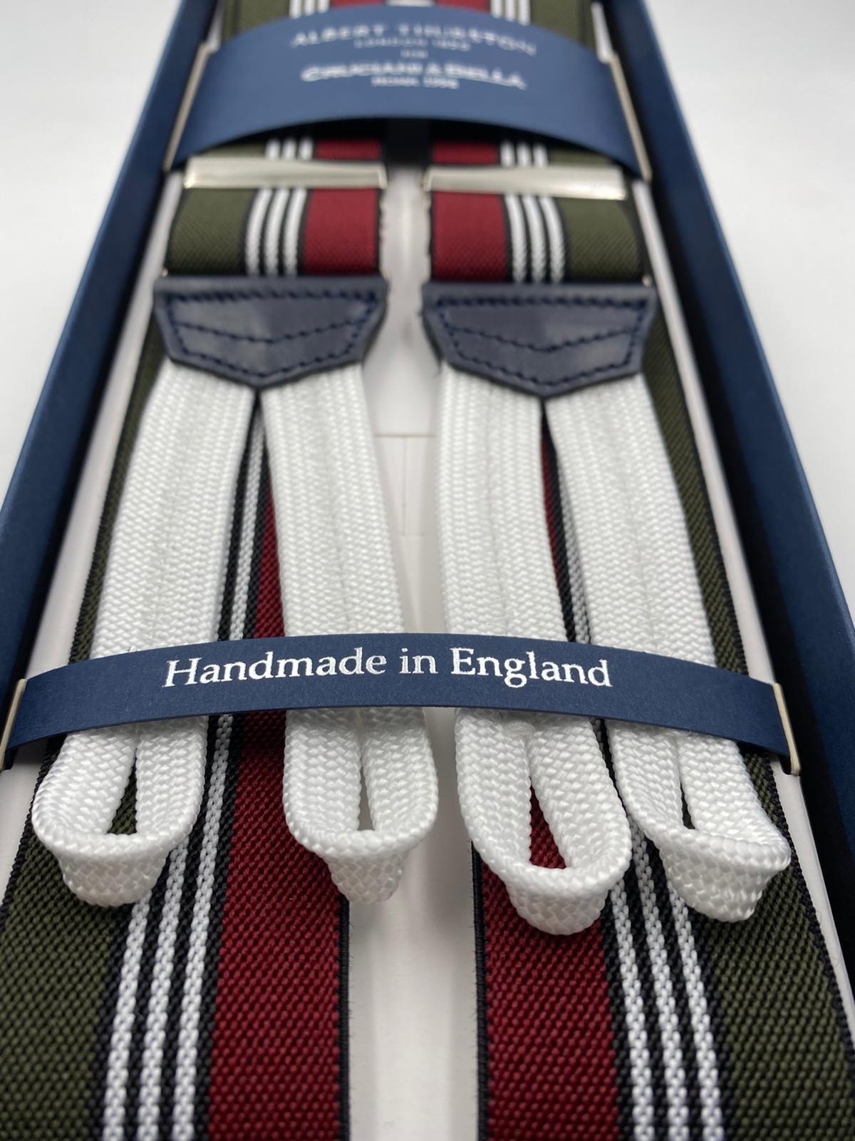 Albert Thurston for Cruciani & Bella Made in England Adjustable Sizing 35 mm elastic  braces Green, Red and White stripes braces Braid ends Y-Shaped Nickel Fittings Size: L #4521