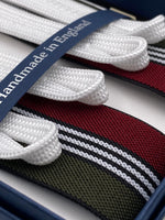 Albert Thurston for Cruciani & Bella Made in England Adjustable Sizing 35 mm elastic  braces Green, Red and White stripes braces Braid ends Y-Shaped Nickel Fittings Size: L #4521