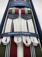 Albert Thurston for Cruciani & Bella Made in England Adjustable Sizing 35 mm elastic  braces Green, Red and White stripes braces Braid ends Y-Shaped Nickel Fittings Size: L #4521