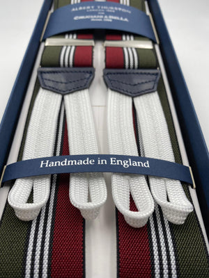 Albert Thurston for Cruciani & Bella Made in England Adjustable Sizing 35 mm elastic  braces Green, Red and White stripes braces Braid ends Y-Shaped Nickel Fittings Size: L #4521