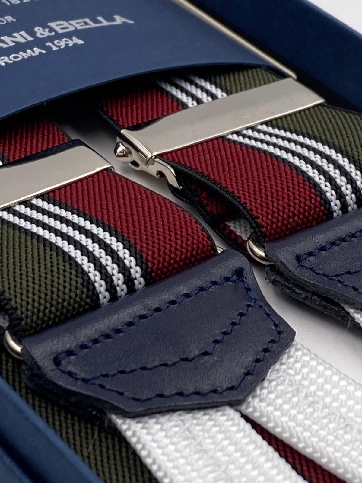 Albert Thurston for Cruciani & Bella Made in England Adjustable Sizing 35 mm elastic  braces Green, Red and White stripes braces Braid ends Y-Shaped Nickel Fittings Size: L #4521