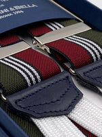 Albert Thurston for Cruciani & Bella Made in England Adjustable Sizing 35 mm elastic  braces Green, Red and White stripes braces Braid ends Y-Shaped Nickel Fittings Size: L #4521