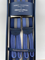 Albert Thurston for Cruciani & Bella Made in England Adjustable Sizing 35 mm elastic  braces Blue and White stripes braces Braid ends Y-Shaped Nickel Fittings Size: L #4953