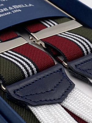 Albert Thurston for Cruciani & Bella Made in England Adjustable Sizing 35 mm elastic  braces Green, Red and White stripes braces Braid ends Y-Shaped Nickel Fittings Size: L #4521