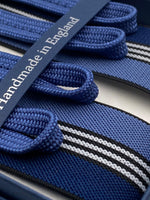 Albert Thurston for Cruciani & Bella Made in England Adjustable Sizing 35 mm elastic  braces Blue and White stripes braces Braid ends Y-Shaped Nickel Fittings Size: L #4953
