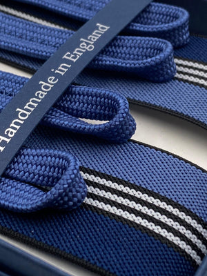 Albert Thurston for Cruciani & Bella Made in England Adjustable Sizing 35 mm elastic  braces Blue and White stripes braces Braid ends Y-Shaped Nickel Fittings Size: L #4953